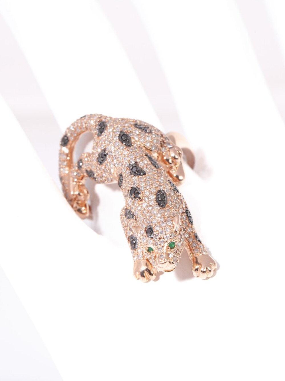 EFFY 14k Rose Gold Black and White Diamond with Emerald Accents Panther Ring